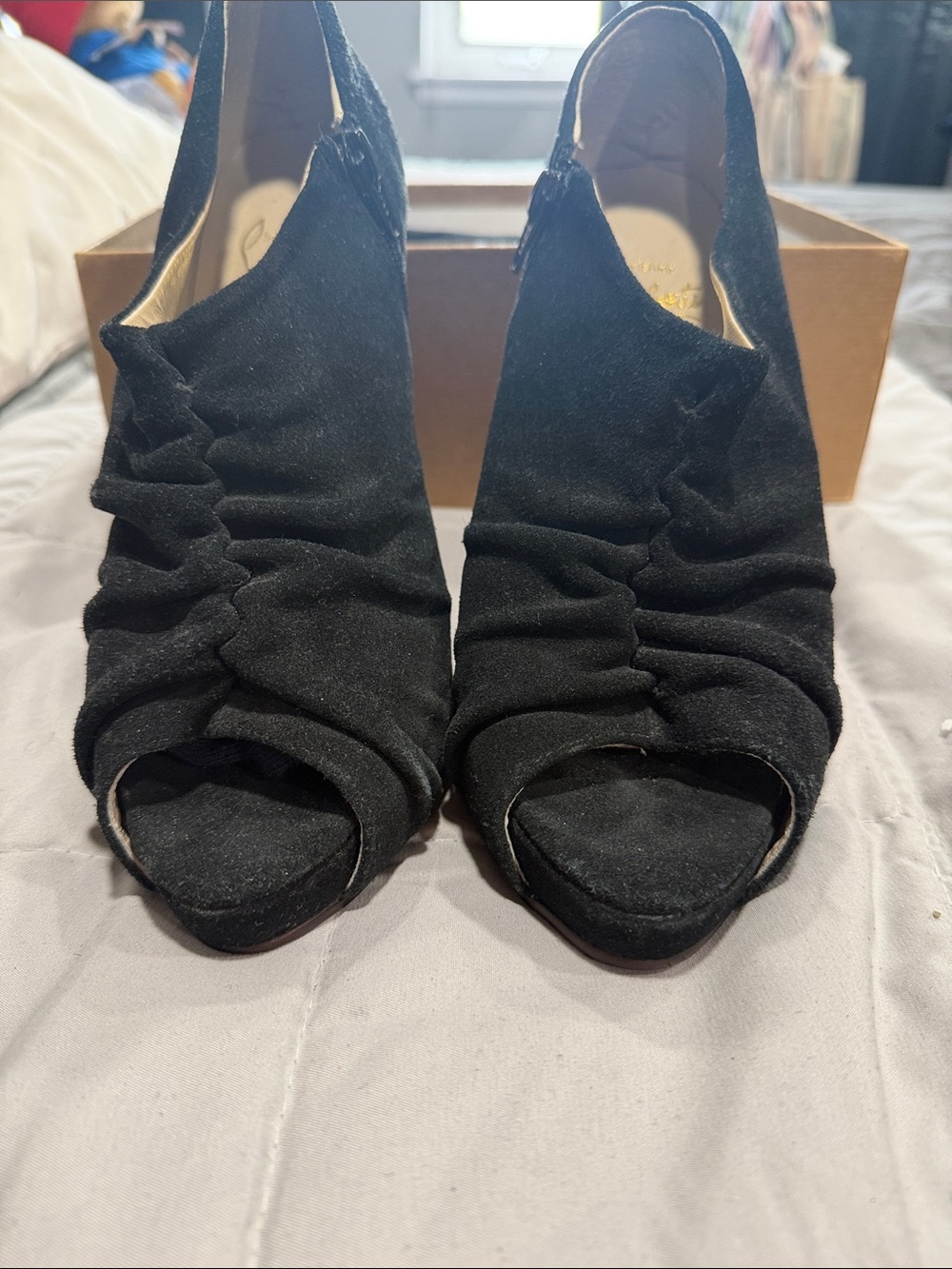 Christian Louboutin Black Ruched Peep-Toe Heels